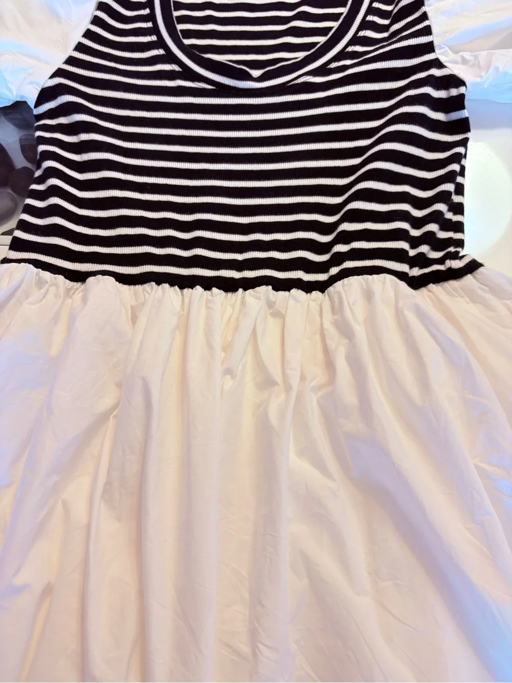 Maeve Striped Bodice Puff-Sleeve Midi Dress in White and Black - Picture 10 of 15